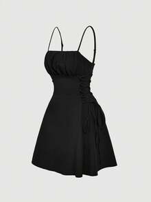 SHEIN MOD 红色约会之夜连衣裙，褶皱胸部系带吊带连衣裙 - 黑色 - 查看 6