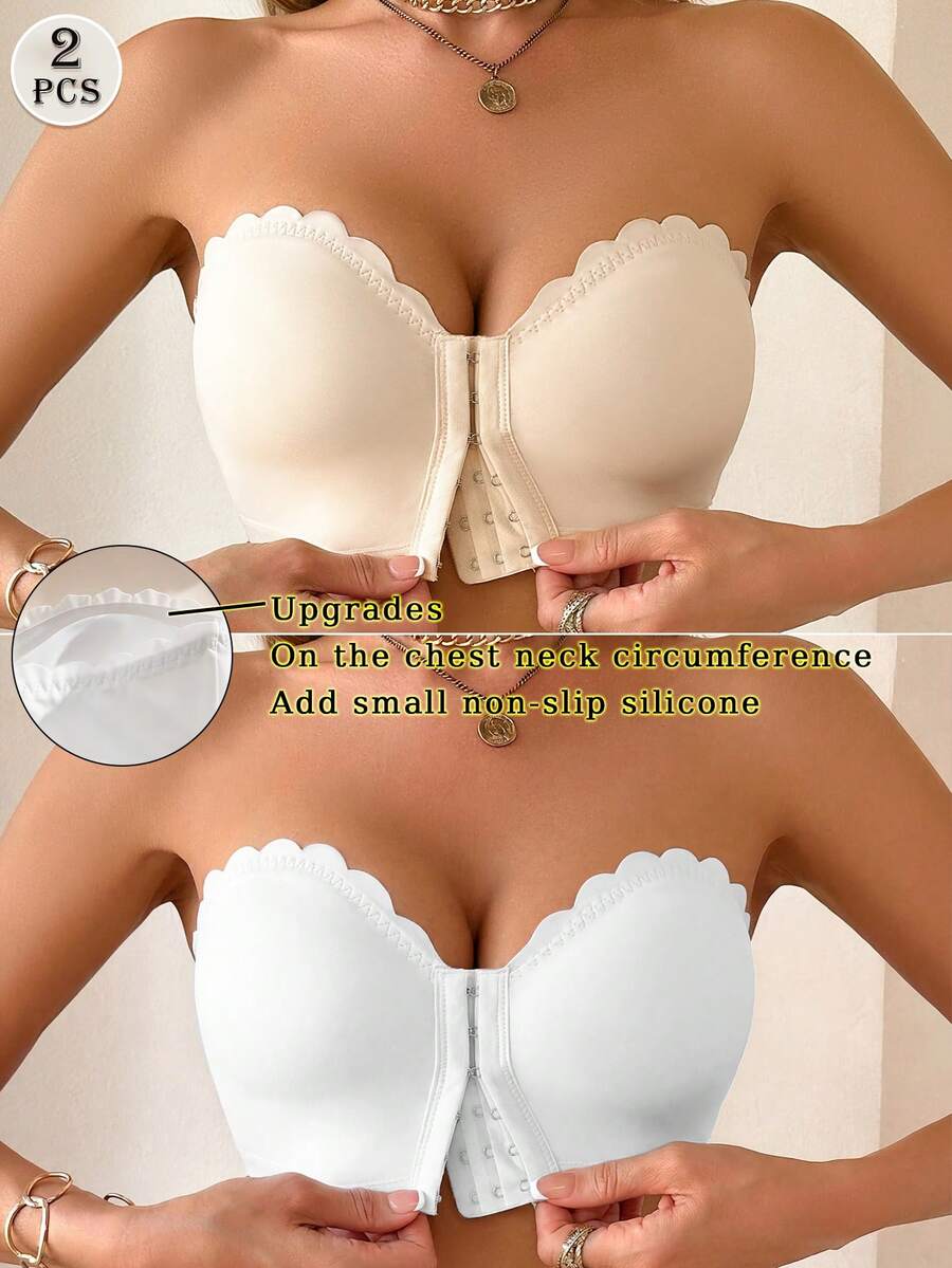 2pcs Women's Multicolor Bras, Front Closure Wave Trim Push-Up Removable Padded Underwire Bras - Multicolor - View 1