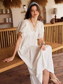 Lullawish Bohemian Style Romantic Embroidered Floral Lace Patchwork V-Neck Ruffle Trim Loose Long Nightgown For Women - White - View 1
