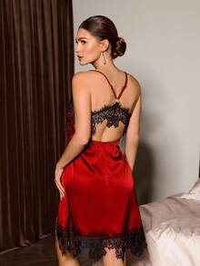 Slumberist Faux Silk Lace Patchwork Criss-Cross Backless Tie Robe & Slip Dress 2 Pieces Set For Women - Red - View 6