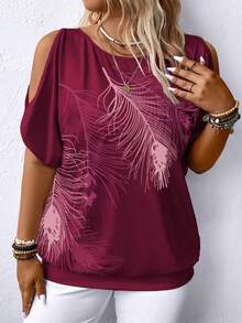 EMERY ROSE Casual Feather Print Off Shoulder Plus Size T-Shirt Graphic Tees Women Tops - Multicolor - View 6