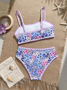 SHEIN Bộ bikini quây họa tiết hoa nhí cho bé gái tuổi teen, đồ bơi trẻ em màu xanh và tím tươi tắn với họa tiết hoa, bộ hai mảnh, thân thiện với da, nhanh khô, chống nắng, đồ bơi ngọt ngào cho bé gái trong kỳ nghỉ hè ở bãi biển và hồ bơi. Bộ bikini cho bé gái tuổi teen, đồ bơi hai mảnh cho bé gái tuổi teen, đồ bơi cho thiếu niên, bộ bikini hai mảnh cho bé gái tuổi teen, bộ bikini cho tuổi teen. - Màu tím - Xem 2