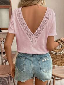 Frenchy Top amarillo con encaje y espalda descubierta, camiseta, imprescindible, conjunto de verano, imprescindible de la temporada de bodas, estilo francés - Rosa Pálido - Ver 6