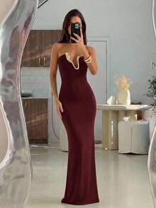 Aloruh Đầm ống ôm sát trang nhã dành cho nữ với họa tiết kim loại. - Màu Đỏ Sâu - Xem 5