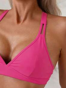 SHEIN Swim 女士纯色交叉后背带简约休闲比基尼上衣 - 玫紅色 - 查看 5