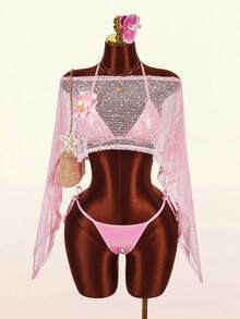 Amplova 3pcs Women's Swimwear Set: Floral Pink Tropical Asymmetric-Shoulder Bikini Top, Matching Cover-Up, Cute Mini Vacation Beach Summer - Pink - View 11
