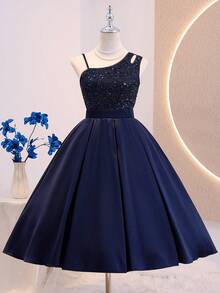 SHEIN Navy Blue Sleeveless Waist Splice Elegant Midi Dress For Teens Sixth Form,Graduation,Party - Navy Blue - View 7