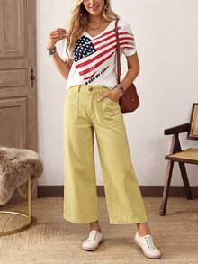 EMERY ROSE Plus Size Casual Versatile Solid Color Wide Leg Jeans Holiday Vacation Light Yellow Summer - Yellow - View 3