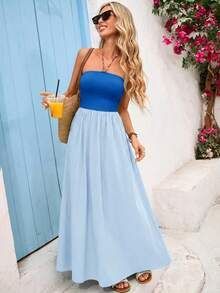 Vivid Eden Women's Casual Elegant Romantic Daily Vacation Colorblock Dress, Strapless Dress, Women's Blue Dress & Green Dress, Spring/Summer,Dresses For Women Summer - Blue - View 6