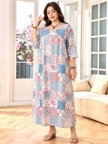 Lacomfia Plus Size Short Sleeve A-Line Casual Western Cottage Core Boho Printed Dress For Women Autumn Blue And White Brunch Vacation Bussines - Multicolor - View 6