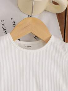 SHEIN Young Girl Knitted Solid Color Round Neck Patchwork Chiffon Floral Hem Casual Dress - Pink - View 4