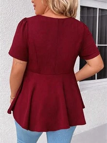 Elenzga Scoop Neck Short Sleeve Zip-Up Ruffle Hem Casual Elegant Plus Size Women Blouse - Burgundy - View 2