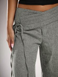 Avantive Women's Casual Belted Wide Leg Pants For Commuting Holiday Sage Green Autumn - Dark Grey - View 4