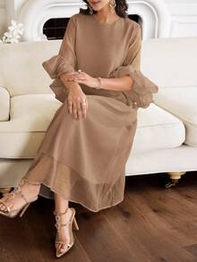 Al Najma Women's Solid Color Round Neck Ruffle Sleeve Loose Arabic Traditional Long Dress - Brown - View 4