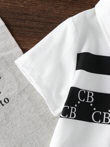 SHEIN Bộ 2 món áo và quần short in chữ CB dành cho bé trai, phong cách thường ngày. - Đen và trắng - Xem 4