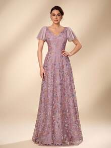 Serin Women's Elegant Luxurious Lotus Pink Beaded Embroidered V-Neck Ruffle Sleeve A-Line Dress, Suitable For All Formal Occasions, Bridal Mother Dress - Dusty Pink - View 7