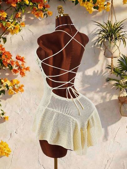Amplova Hollow Out Starfish Knitted Backless Criss-Cross Strap Triangle Cup Women's Crochet Mini Dress