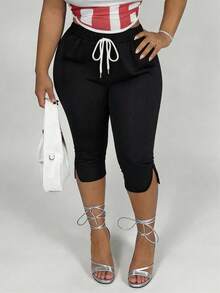 EMERY ROSE Women's Summer Vacation Casual Coconut Tree Print Capri Pants, Black Capri Pants Women Capris For Women Knee Length Pants For Women Zumba Pants Quarter Pants For Women - Black - View 1