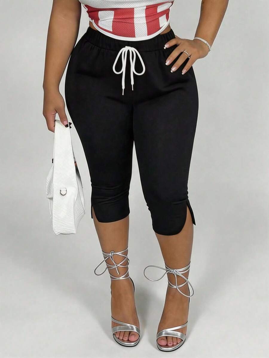 EMERY ROSE Women's Summer Vacation Casual Coconut Tree Print Capri Pants, Black Capri Pants Women Capris For Women Knee Length Pants For Women Zumba Pants Quarter Pants For Women - Black - View 1