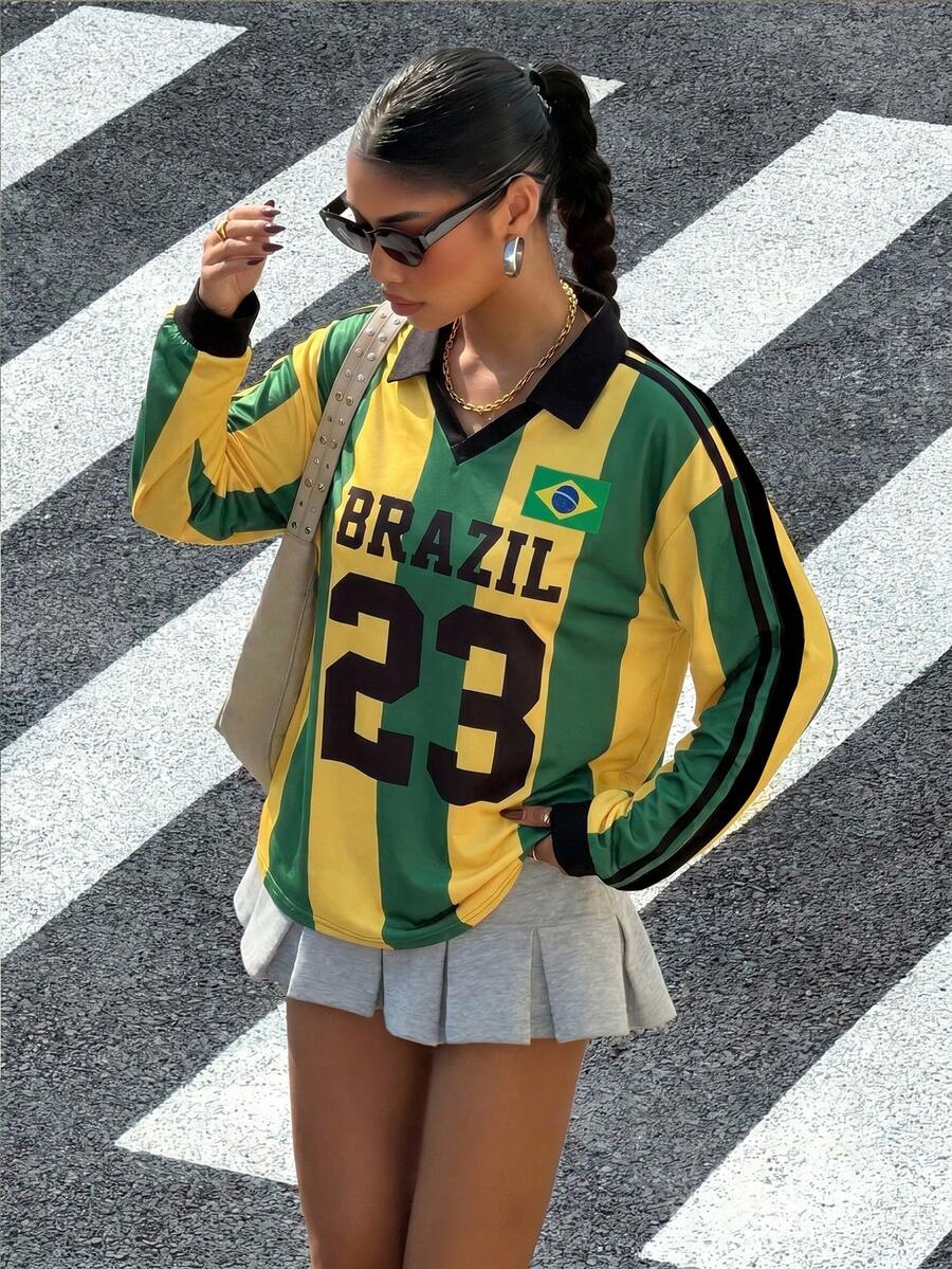 Muchica 女士夏季世界杯巴西号码球衣Polo衫,搭配撞色棕色领子和条纹袖子。适合通勤、约会、聚会、秋冬夏三季、圣诞节、新年、感恩节、派对、婚礼、海滩、毕业典礼、时尚、优雅、休闲、外出、约会等场合。 - 彩色 - 查看 1