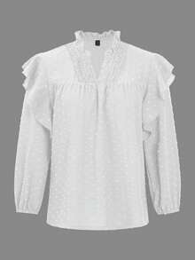 SHEIN Holidaya Women Blouses Kontras Lace Ruffle Plain Casual - Putih - View 8