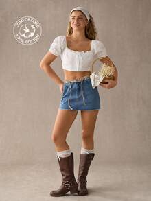WESTFADE Floral Jacquard Drawstring Waist Fitted Country Denim Mini Skirt - Medium Wash - View 1