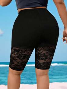Elenzga Plus Size Versatile Contrast Lace Leggings - Black - View 2