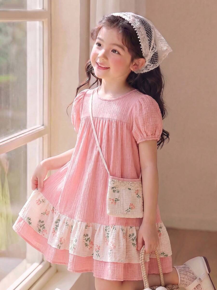 Souflis Souflis 1件女童夏季新款圆领短袖宽松下摆碎花印花撞色荷叶边绿色连衣裙 + 可爱斜挎包 - 粉色 - 查看 1