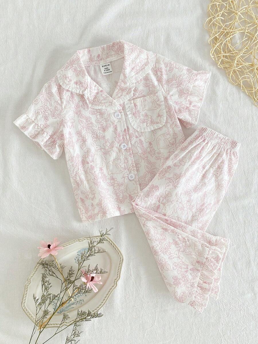 SHEIN Baby Girls' Pink White Rabbit Floral Pattern Ruffle Collar Short Sleeve Pants 2 Pieces Pajama Set Cute Summer Holiday Casual Comfortable Sleep Night - Pink - View 1