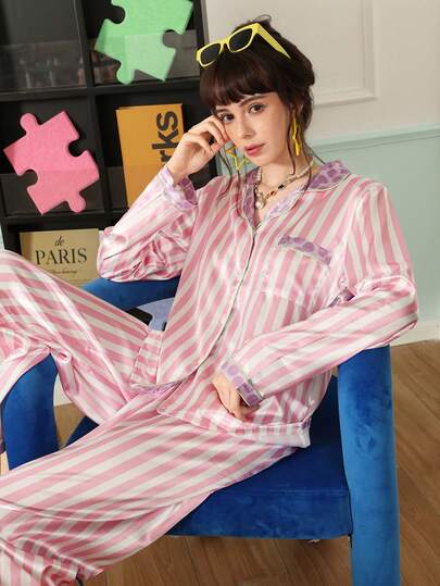 Chillnights 年轻休闲撞色条纹缎面女士睡衣套装