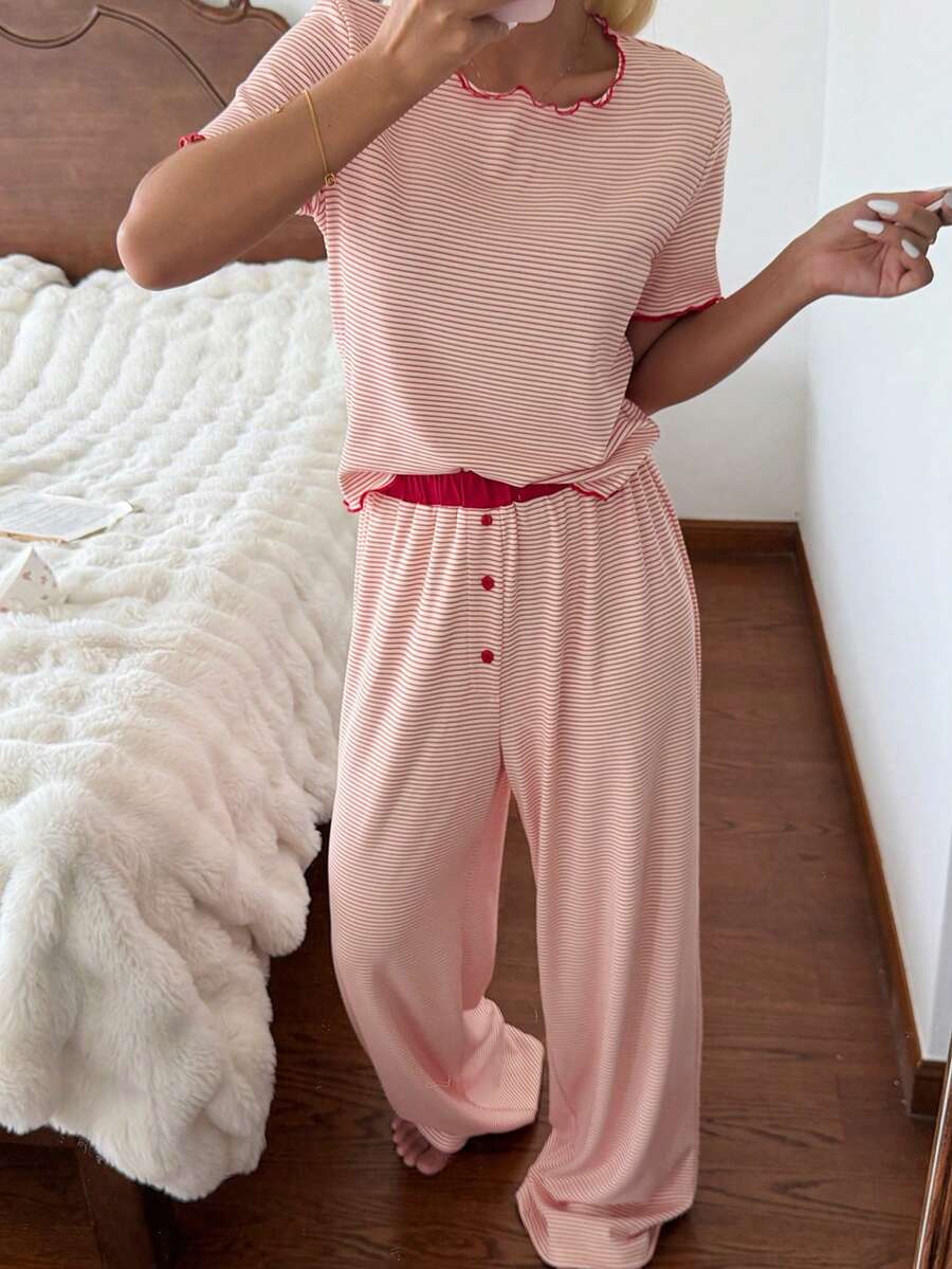 Livesso Women's Fashion Striped Top And Contrast Button Long Pants Pajama Set - Red - View 1