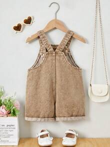 Baby Girls' Denim Overalls, Rainbow & Star Embroidery, Relaxed Fit, Comfortable Washed Denim Bib Pants - Khaki - View 2
