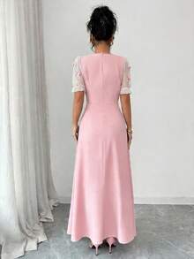 Elenzga Vestido de manga corta con cuello cuadrado, decoración de lazo 3D y parches de malla - Rosa - Ver 2