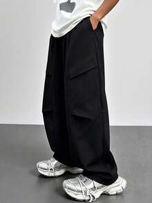 PAVTROS Men Flap Pocket Side Drawstring Waist Oversize Cargo Pants, Fall - Black - View 4
