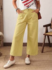 EMERY ROSE Plus Size Casual Versatile Solid Color Wide Leg Jeans Holiday Vacation Light Yellow Summer - Yellow - View 1