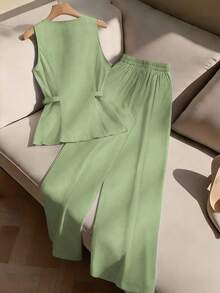 Franclia Women's 2 Pieces Set, Fitted Sleeveless Top And Straight Leg Pants, Fashionable And Elegant For Commuting - Green - View 2