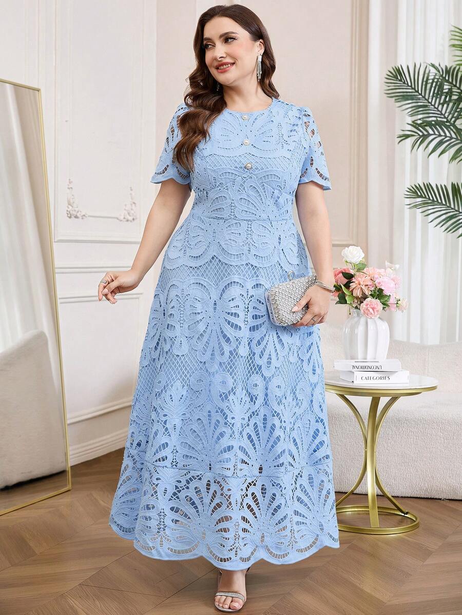 SHEIN Clasi 大码女式圆领短袖镂空设计优雅连衣裙 - 藍色 - 查看 1