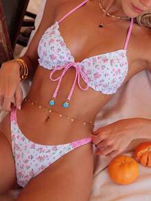 Swim Mod Women's White Floral Summer Tropical Holiday Pool Party Golf Vacation Bikini Set, Cute Contrast Gingham Halter Backless Triangle Top, Ruched Sexy - Multicolor - View 4