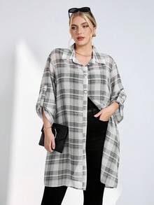 Chikora 大码女式格子袖口单排扣休闲衬衫 - 彩色 - 查看 4