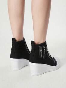 ROMWE Grunge Punk Zapatos de plataforma de lona para otoño/invierno, zapatillas de cuña de suela gruesa casual para mujer - Negro - Ver 6