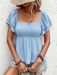 SHEIN LUNE Áo croptop cổ vuông với gấu áo nhún bèo và tay áo xếp lớp bồng bềnh màu đen kiểu peplum. - Màu xanh nhạt - Xem 4