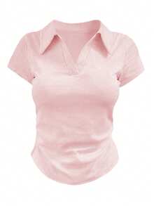 INAWLY Women's Casual Solid Color Short Sleeve T-Shirt, Versatile For Summer - Pink - View 5