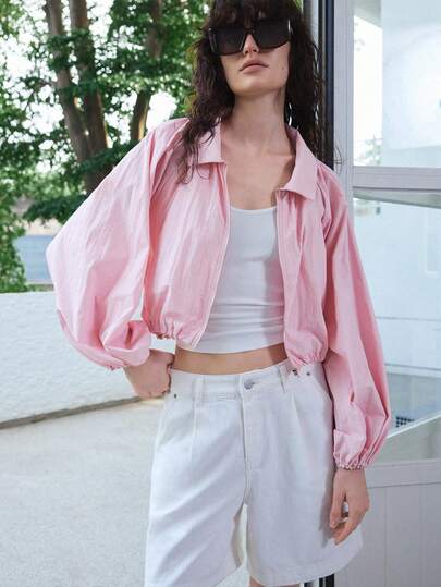 SHEIN Holidaya Áo khoác nữ màu trơn, có khóa kéo, xếp ly, kiểu dáng thường ngày, đa năng, nhẹ nhàng, thích hợp mặc hàng ngày.