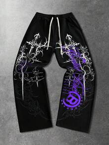 ROMWE MEN Men's Gothic Cross Print Sweatpants - Black - View 8