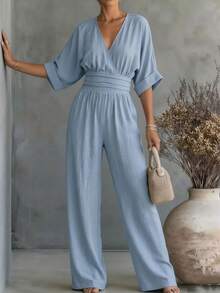 Balvessa Casual Commuter Solid Color Batwing Jumpsuit - Blue - View 6