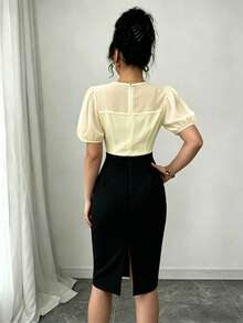Rafferiza 新款女士优雅性感连衣裙，适合办公室、度假、海滩、通勤、浪漫场合、派对、生日派对、音乐会、情人节和嘉年华等各种场合。全新夏季款式：女士灯笼袖、收腰、黑白撞色修身中长连衣裙。适合夏季穿着，黑白连衣裙，黑白撞色连衣裙，职业装，户外连衣裙，夏季套装，优雅女装，休闲女装，中长连衣裙。 - 黃色 - 查看 2
