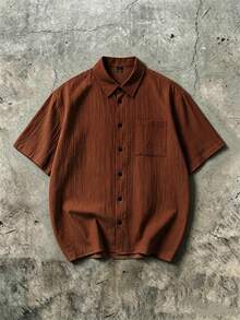 Men's Short Sleeve Button Down Shirt With Pinstripe Pattern Collared Casual Summer Top - Coffee Brown - View 1