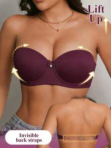 DesireSculpt Women's Romantic Solid Color Rhinestone Bow Decor Strapless Bra With Underwire - Purple - View 7