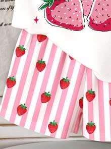 Baby Girl Cute 2-Piece Set,Pink And Yellow Summer Family Matching Cream White Stripe Strawberry Print Round Neck Short Sleeve T-Shirt&Shorts Set - Multicolor - View 5