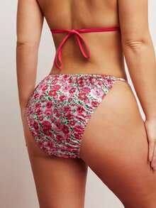Elorette Plus Size Floral Print Satin Panties, Romantic Countryside Style, Sweet & Cute, Suitable For Vacation & Daily Wear - Pink - View 3